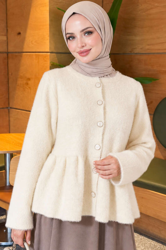Cardigan Plissettato Con Bottoni E Ricami In Ecru