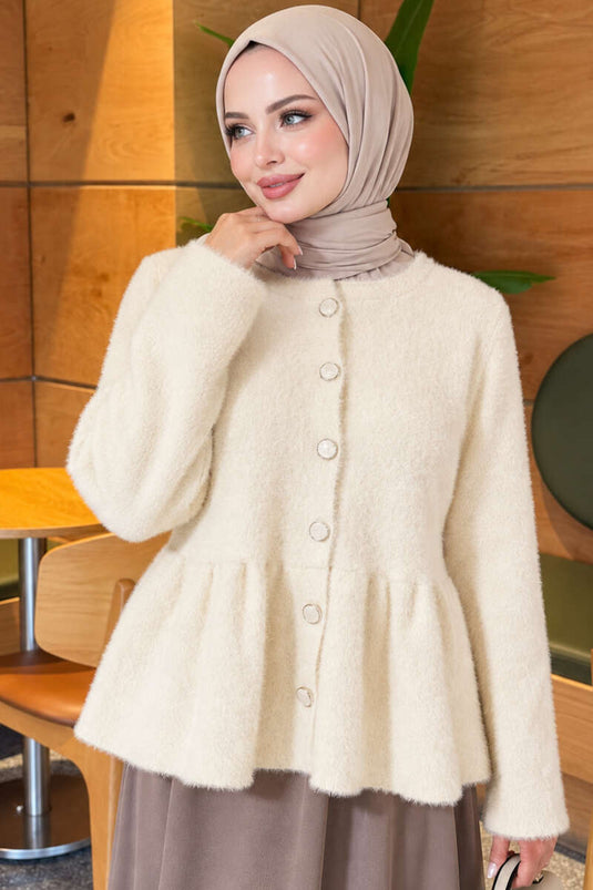 Cardigan Plissettato Con Bottoni E Ricami In Ecru