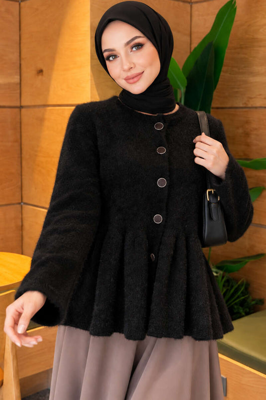 Cardigan Nero Plissettato Con Bottoni E Ricami