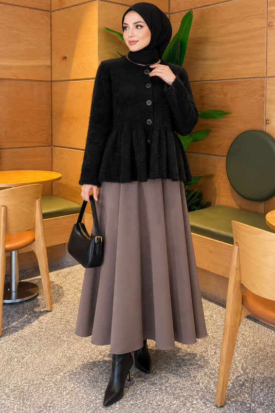 Cardigan Nero Plissettato Con Bottoni E Ricami