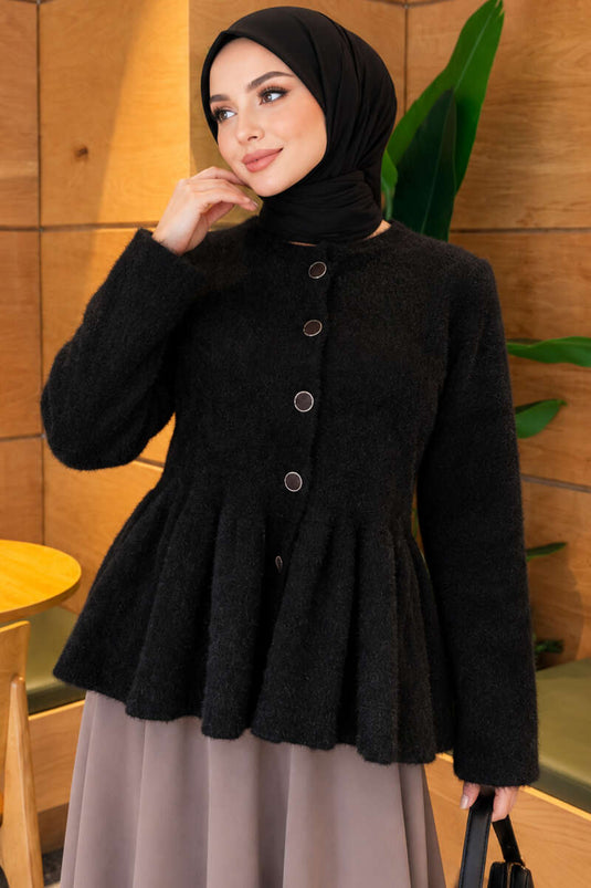 Cardigan Nero Plissettato Con Bottoni E Ricami