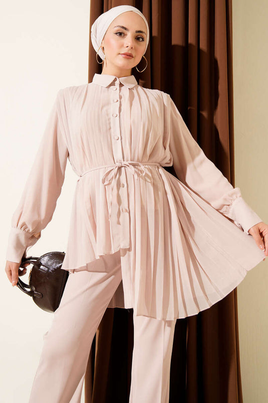 Pleated Buttoned Chiffon Two-Piece Suit Beige