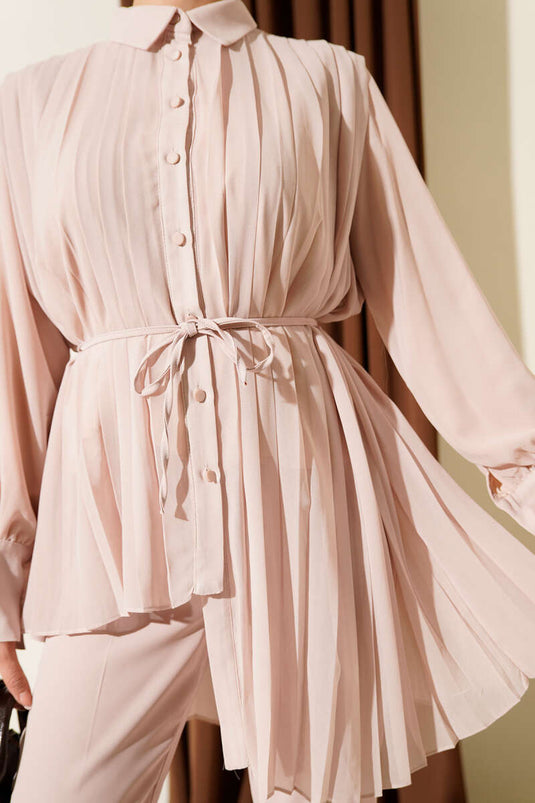 Pleated Buttoned Chiffon Two-Piece Suit Beige