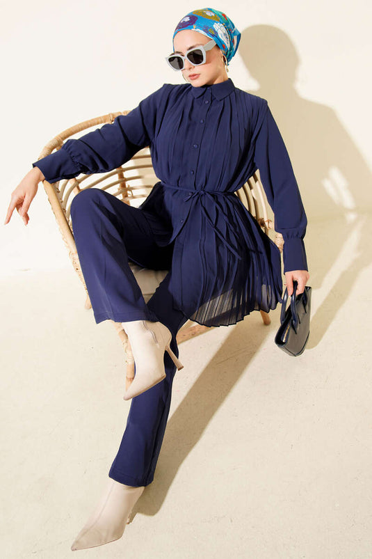 Pileli Düğmeli Şifon İkili Takım Lacivert