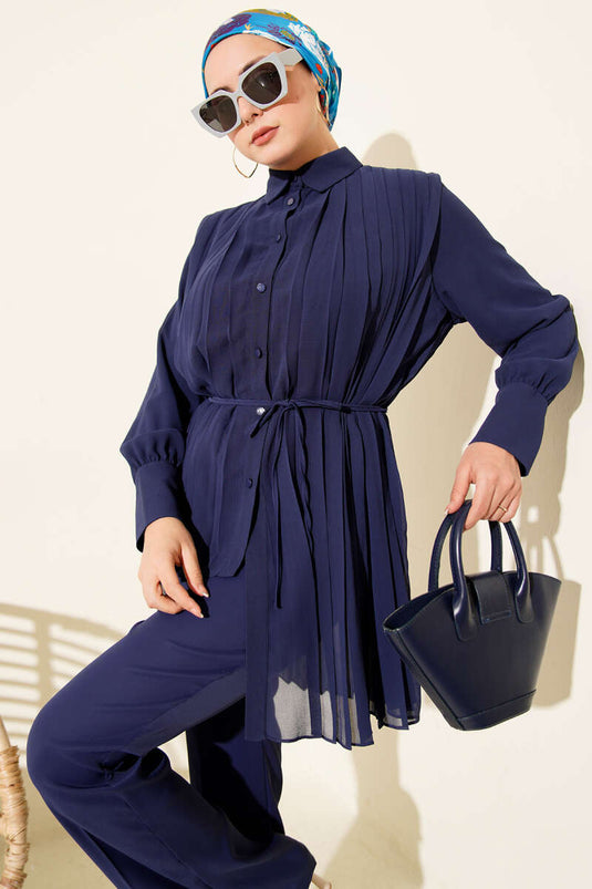 Pileli Düğmeli Şifon İkili Takım Lacivert
