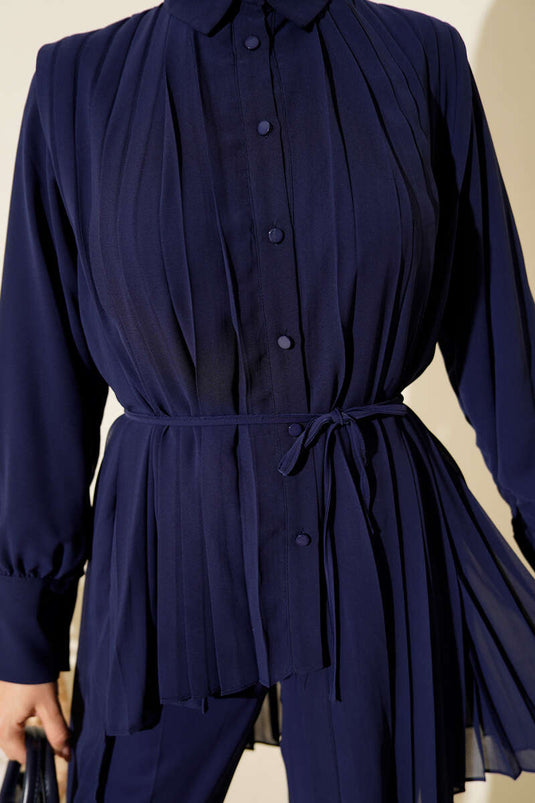 Pileli Düğmeli Şifon İkili Takım Lacivert