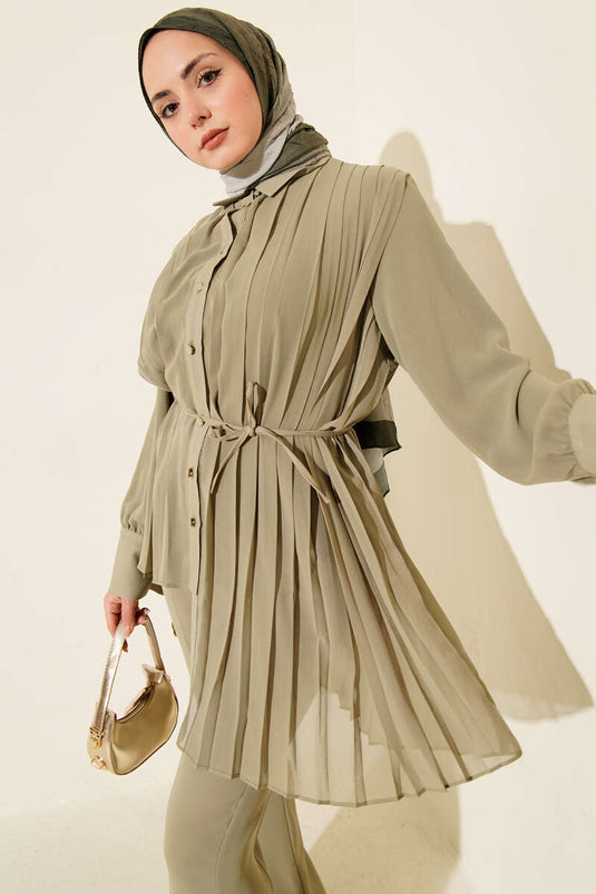 Pleated Buttoned Chiffon Two Piece Suit Green