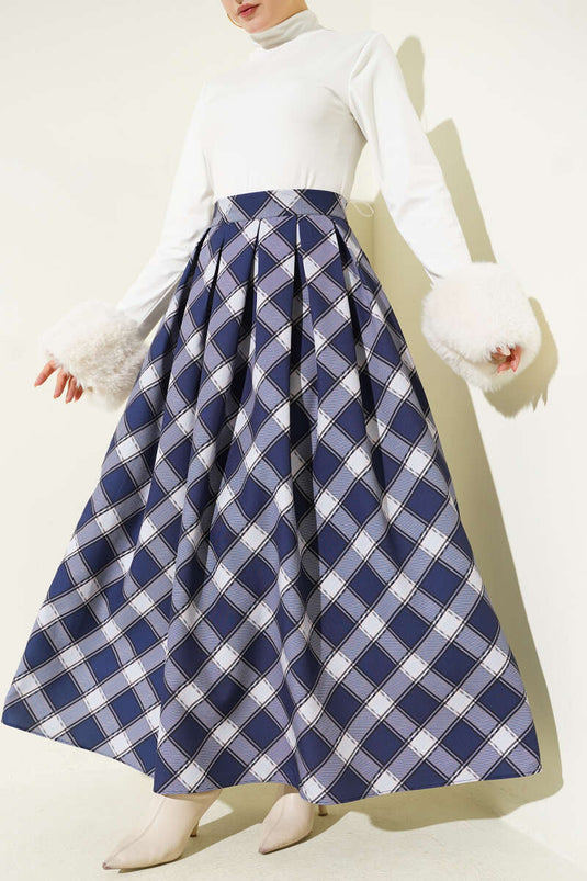 Jupe à carreaux Ekoseli avec ceinture et fermeture éclair bleu marine