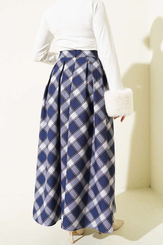 Jupe à carreaux Ekoseli avec ceinture et fermeture éclair bleu marine