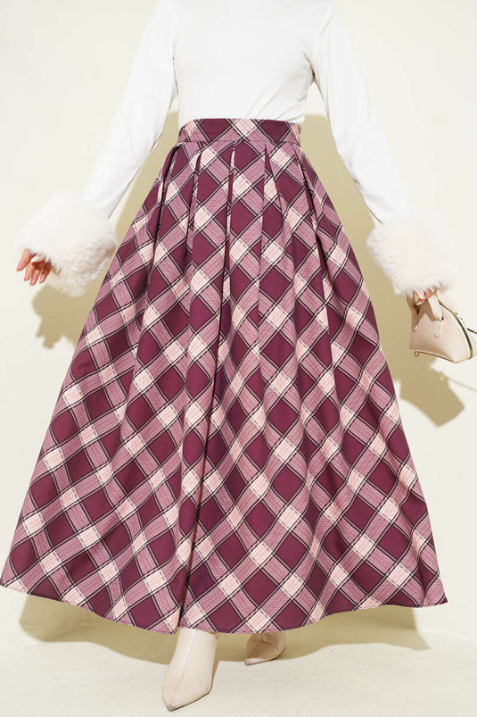 Pileli Ekoseli Fermuarlı Etek Mürdüm