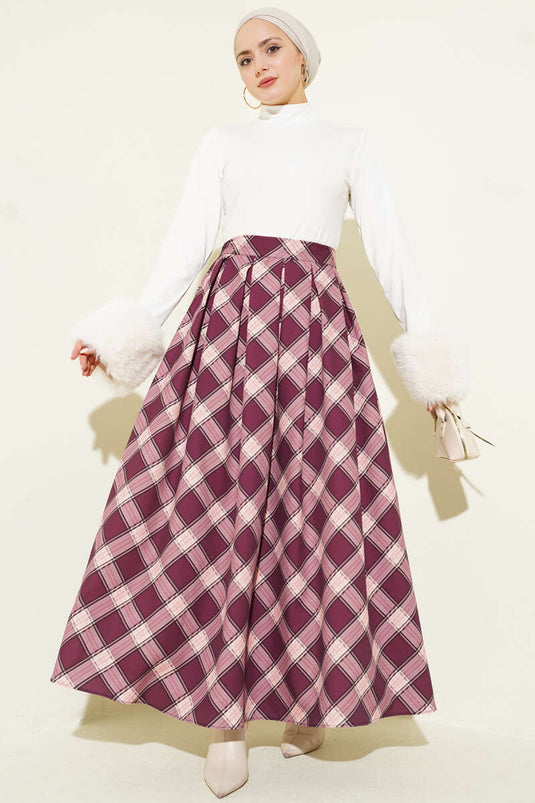 Pileli Ekoseli Fermuarlı Etek Mürdüm