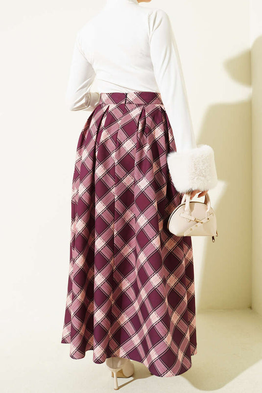 Pileli Ekoseli Fermuarlı Etek Mürdüm