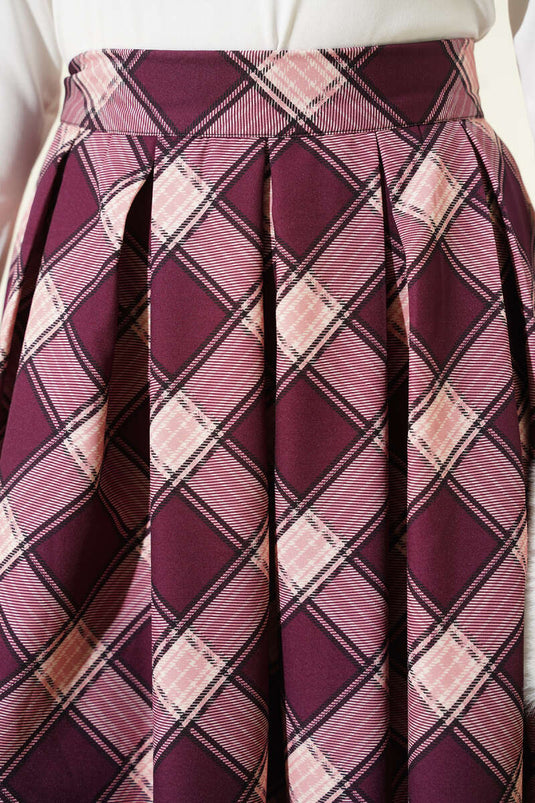 Pileli Ekoseli Fermuarlı Etek Mürdüm