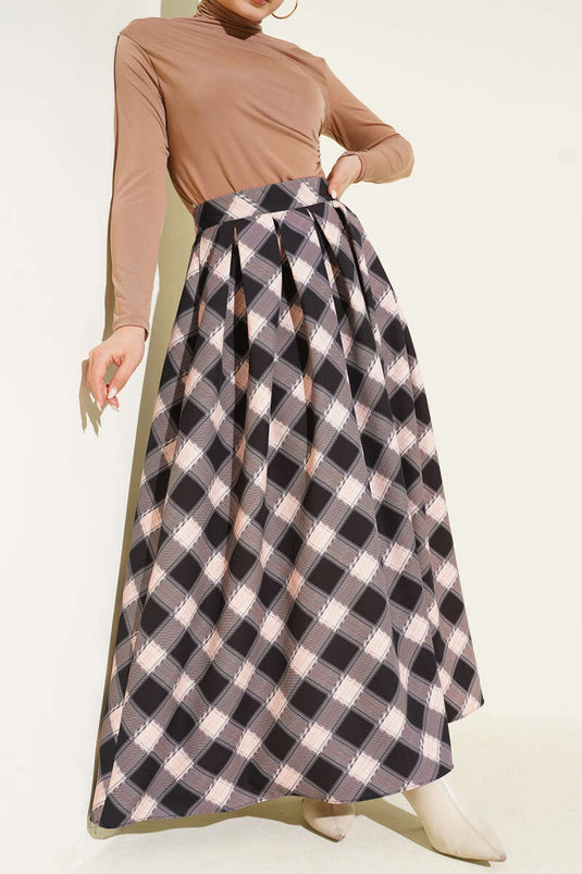 Pileli Ekoseli Fermuarlı Etek Siyah