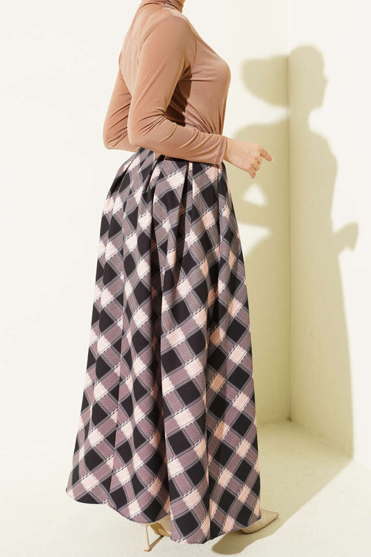 Pileli Ekoseli Fermuarlı Etek Siyah