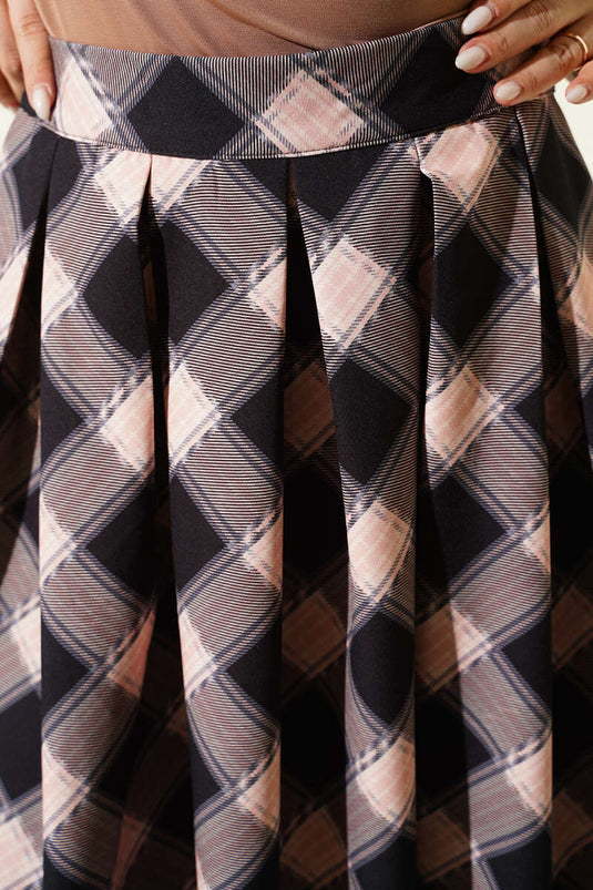 Pileli Ekoseli Fermuarlı Etek Siyah