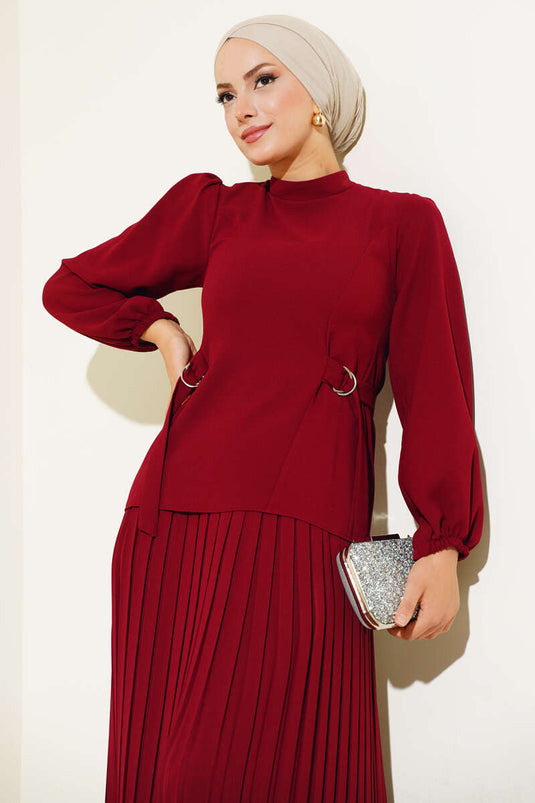 Pileli Etekli İkili Takım Bordo