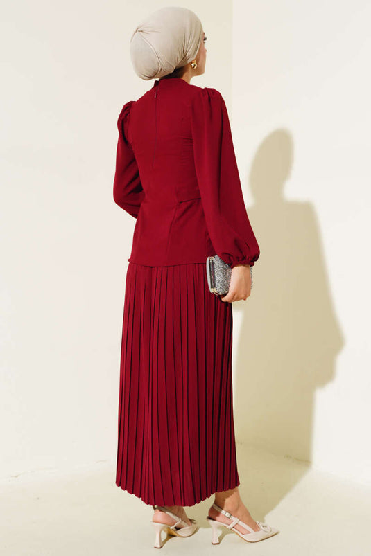 Pileli Etekli İkili Takım Bordo