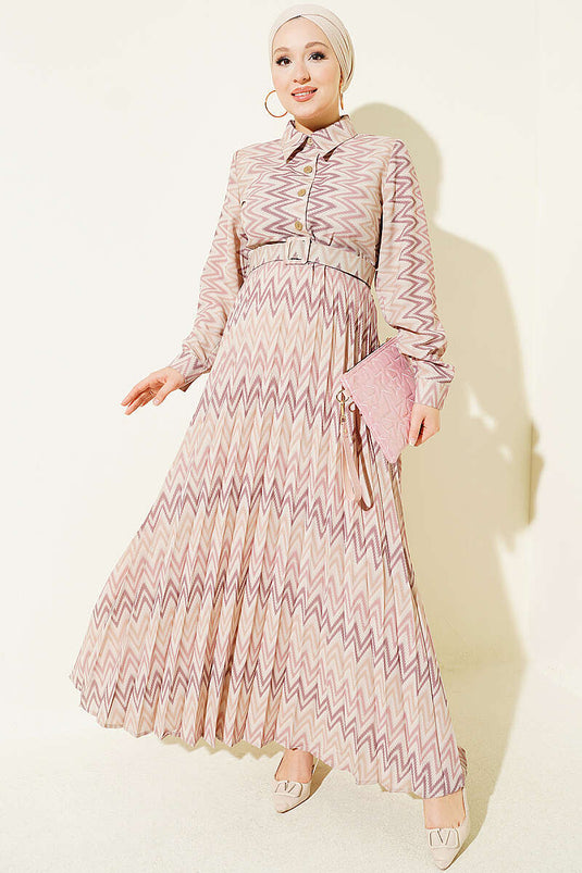 Robe Plissée À Motif Ethnique Beige