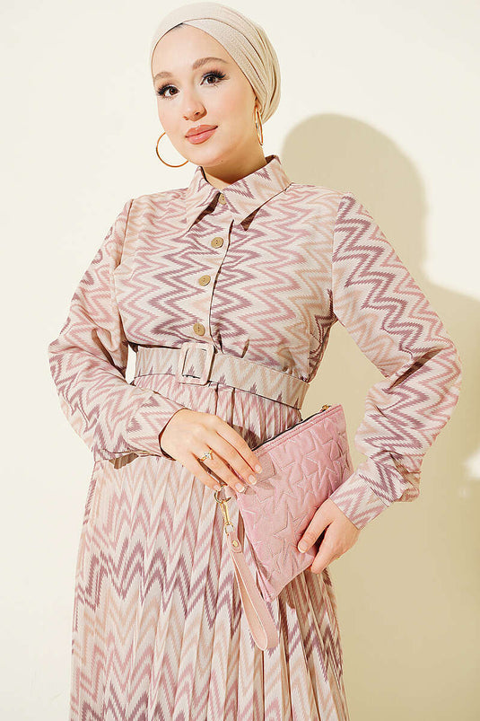 Robe Plissée À Motif Ethnique Beige
