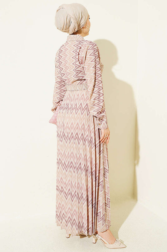 Robe Plissée À Motif Ethnique Beige