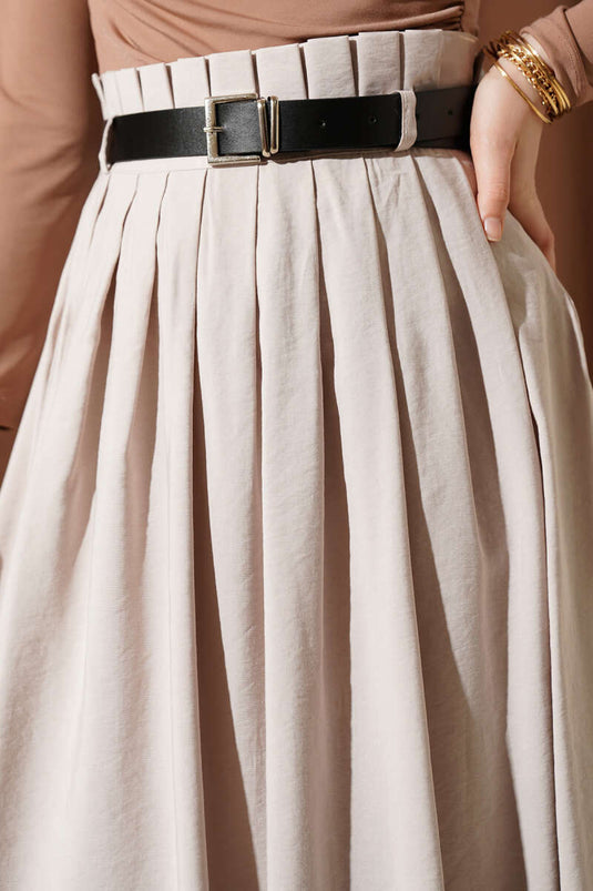 Pleated Belted Tencel Skirt Beige