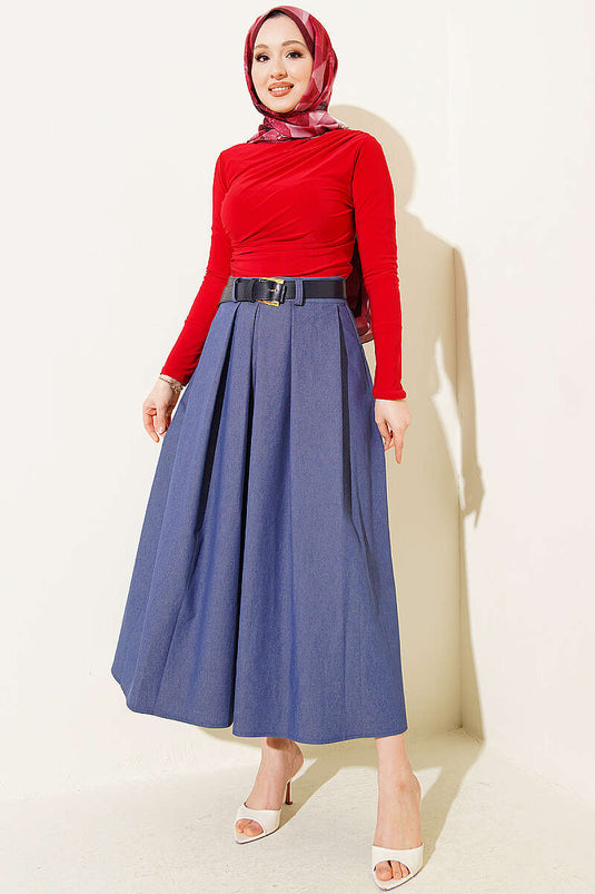 Pleated Belted Gabardine Flared Skirt Blue