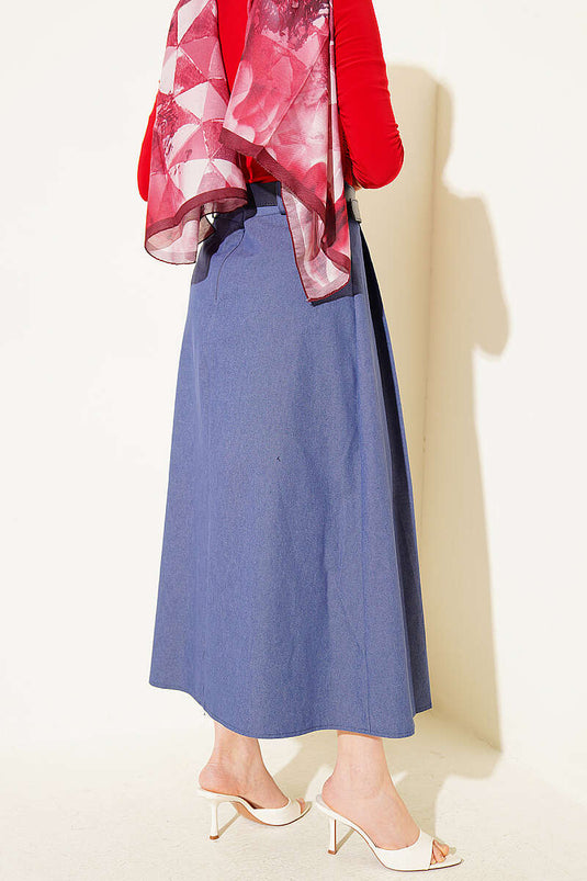 Pleated Belted Gabardine Flared Skirt Blue