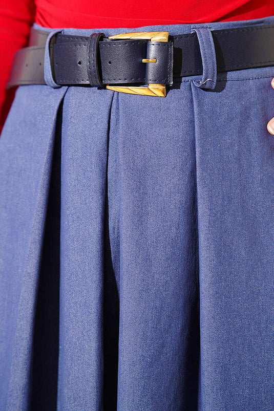 Pleated Belted Gabardine Flared Skirt Blue