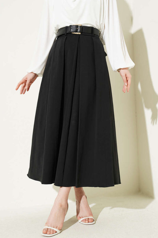 Black Pleated Belted Gabardine Flared Skirt
