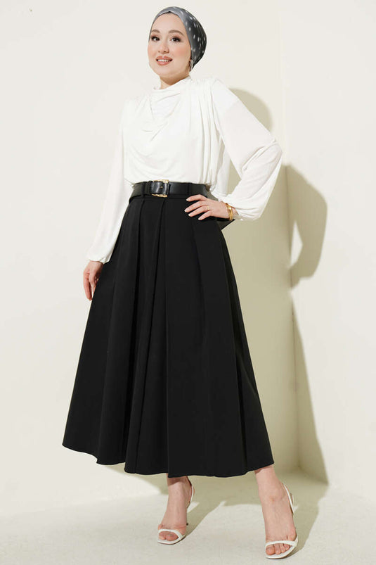 Black Pleated Belted Gabardine Flared Skirt