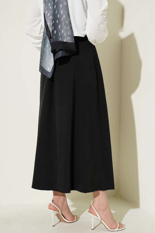 Black Pleated Belted Gabardine Flared Skirt