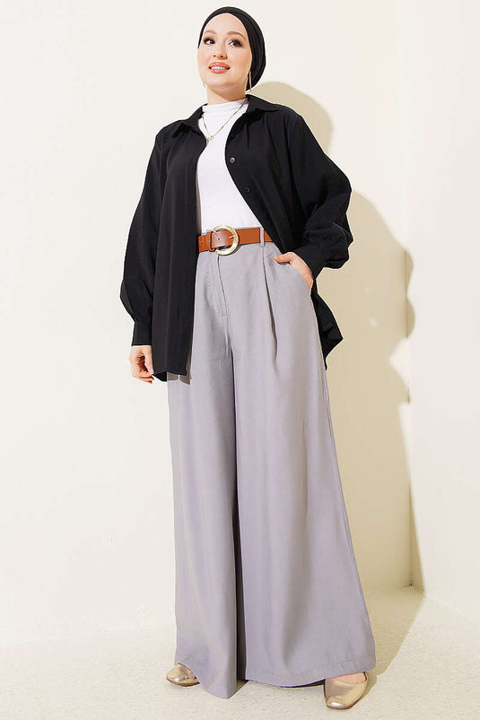 Pantalon oversize à plis avec ceinture gris