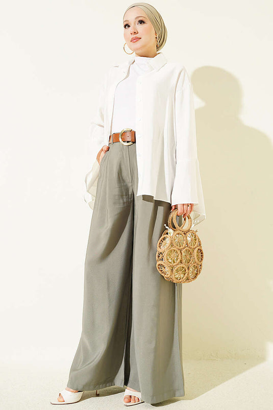 Pileli Kemerli Oversize Pantolon Haki