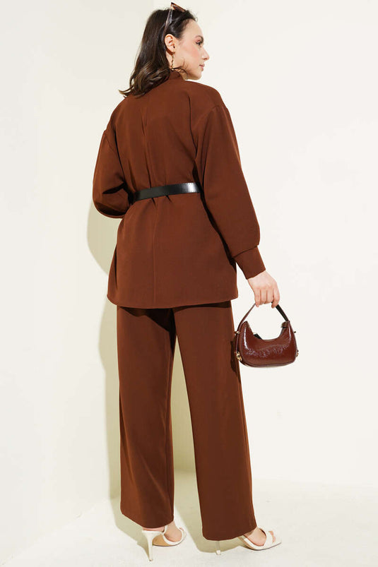 Costume deux pièces décontracté à ceinture plissée marron