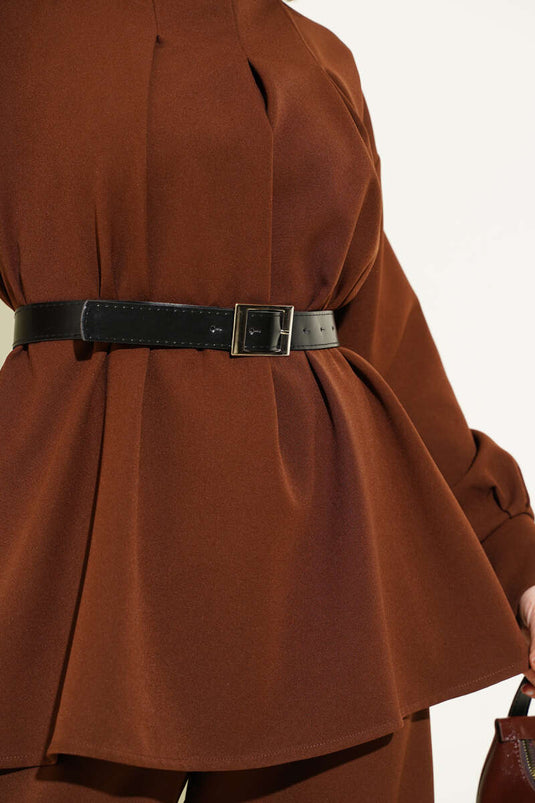 Costume deux pièces décontracté à ceinture plissée marron