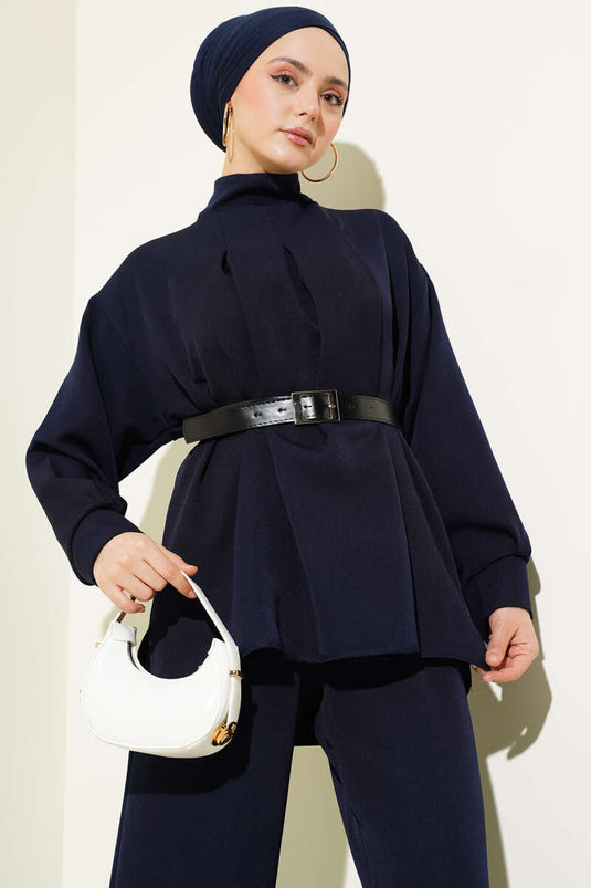 Costume deux pièces décontracté à ceinture plissée bleu marine