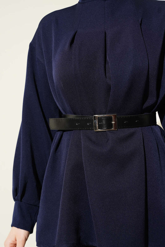 Costume deux pièces décontracté à ceinture plissée bleu marine