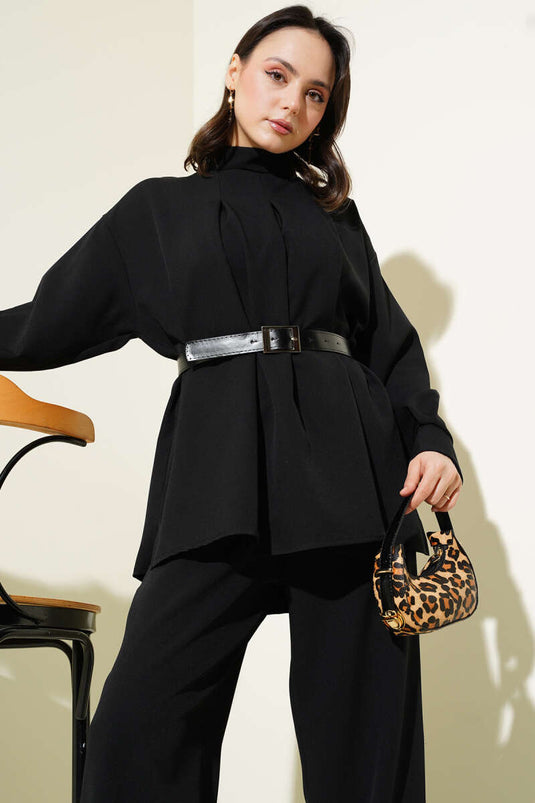 Costume deux pièces décontracté à ceinture plissée noir