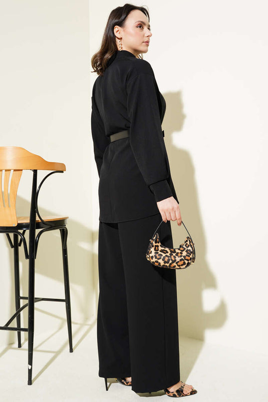 Costume deux pièces décontracté à ceinture plissée noir