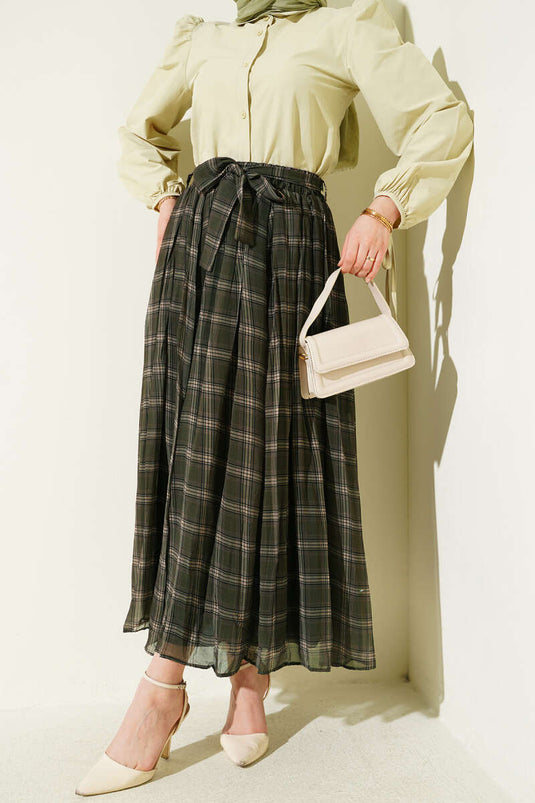 Pleated Belted Checked Chiffon Skirt Khaki
