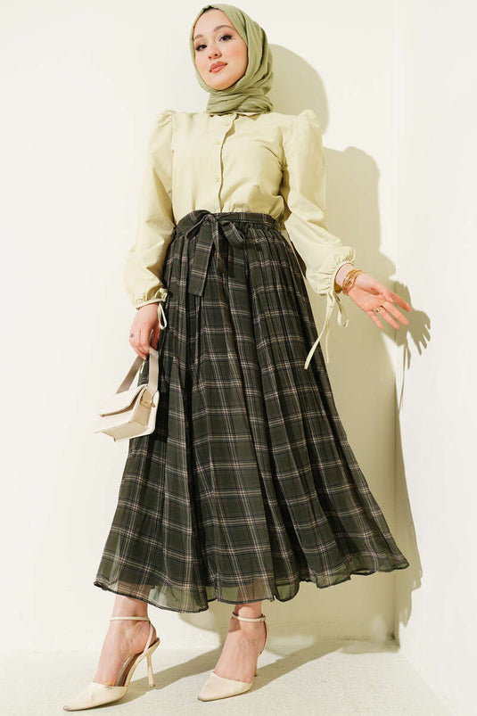 Pleated Belted Checked Chiffon Skirt Khaki