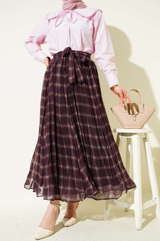 Pleated Belted Checked Chiffon Skirt Plum