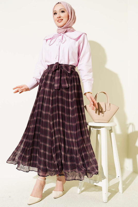 Pleated Belted Checked Chiffon Skirt Plum