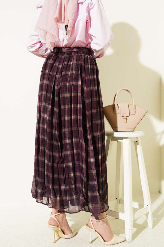 Pleated Belted Checked Chiffon Skirt Plum