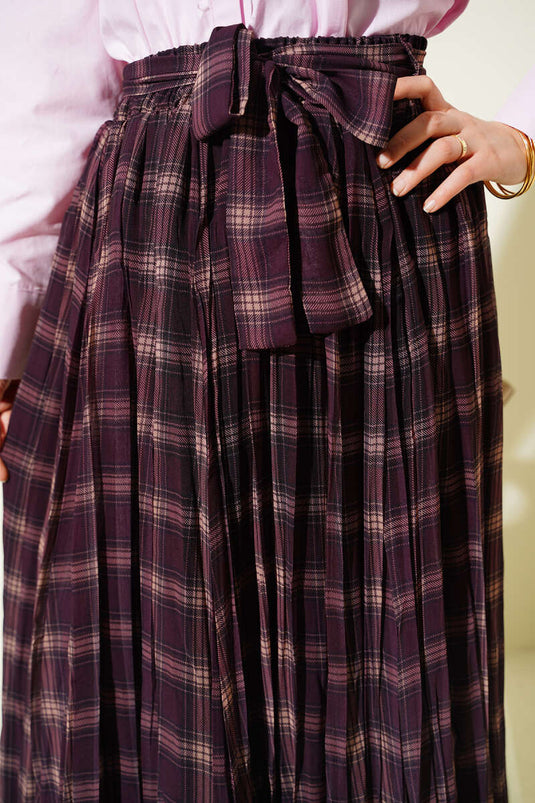 Pleated Belted Checked Chiffon Skirt Plum