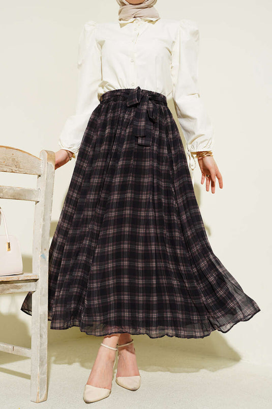 Pleated Belted Checked Chiffon Skirt Black