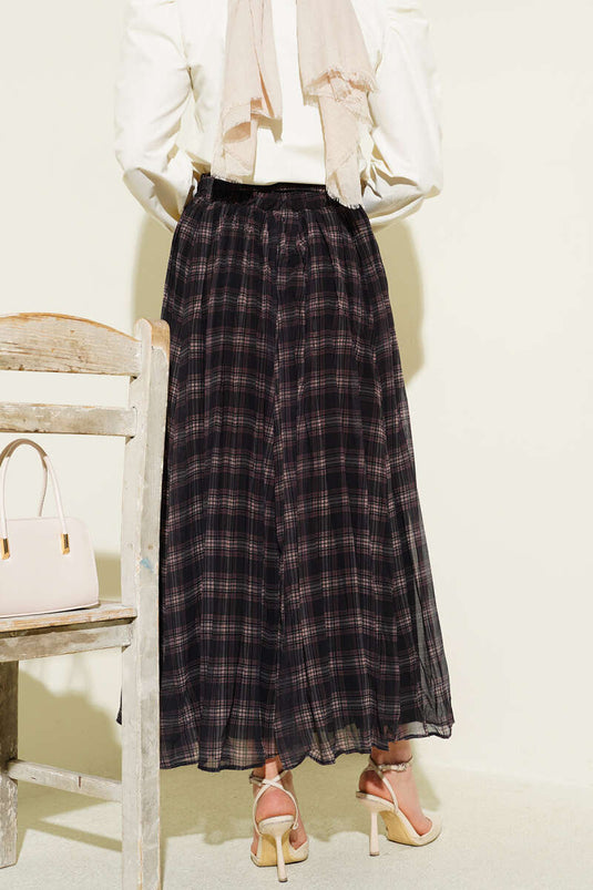 Pleated Belted Checked Chiffon Skirt Black