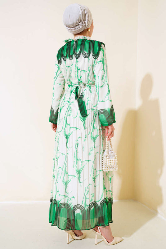 Robe plissée à ceinture verte