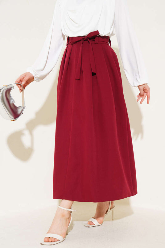 Pleated Belted Flared Skirt Burgundy